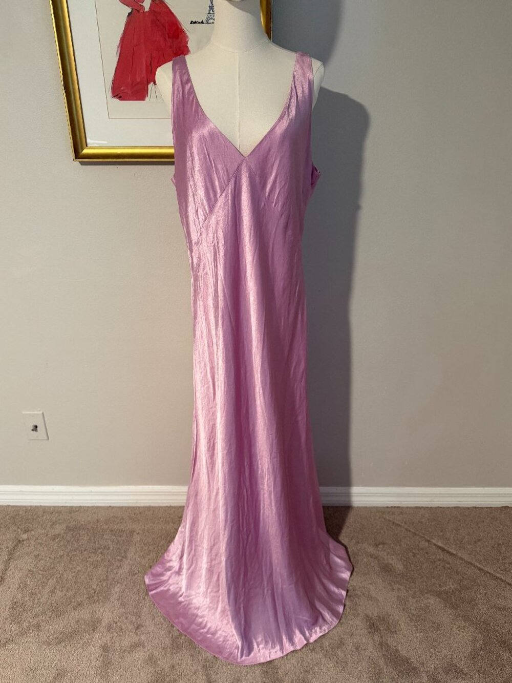 Vince Double V-Neck Satin Slip Midi Dress - Lavender Pink/Purple, XL